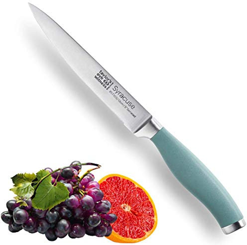 Taylors Eye Witness Syracuse Serrated Utility Kitchen Knife - Professional 13cm/5” Cutting Edge, Multi Use. Ultra Fine Blade, Precision Ground Razor Sharp. Soft Textured Grip. Aqua Blue Handle.