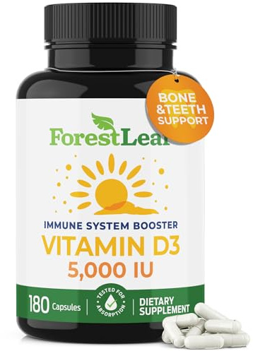 ForestLeaf Vitamin D3 5000 IU | VIT D - VIT D3 Vitamin D Supplements for Women and Men | Bone Health, Teeth and Immune Support | Easy to Swallow Pills | One Capsule Daily, 6-Month Supply, 180 Count
