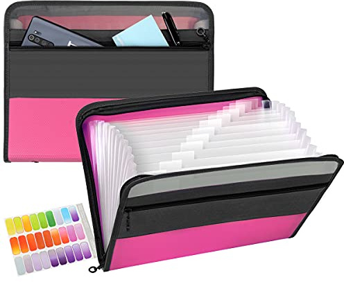 TRANBO Accordion File Organizer with Zipper, 13 Pocket Expanding File Folder with Front Pencil Pouch, Portable Monthly Paper Bill Tax Receipt Organizer, School Office Supplies, Letter Size (Rose Red)