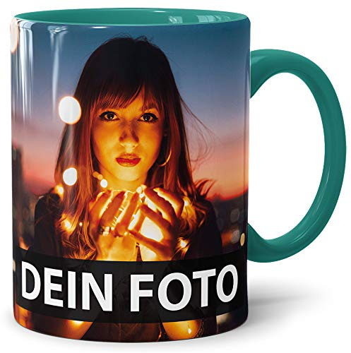 Foto-Tasse zum selbst gestalten mit Foto und Text/mit individuellen Druck in Profiqualität/Personalisierte Geschenk-Idee mit Bild/XXL-Druck/Türkis