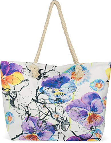 styleBREAKER Damen Strandtasche Veilchen Blüten Print | 57x39x16 cm Maß, Hauptfach mit Reißverschluss sowie integriertes Innenfach. 72 cm weiche Kordelgriffe für hohen Komfort.