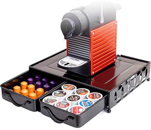 Soportes para Cápsulas de Café, Cajón de Cápsulas de Café de Metal, Dispensador de Cápsulas de Café con 2 Cajónes Compatible con Cápsulas de Nespresso, Dolce Gusto, Tassimo etc.-Negro Puro