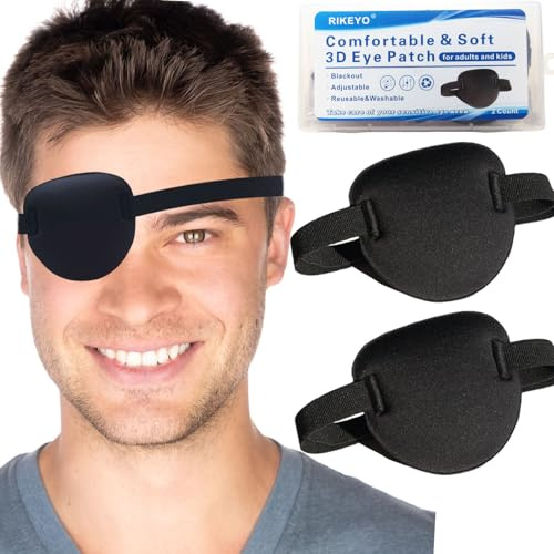 RIKEYO 2 Pcs Eye Patches for Adults and Kids,3D Adjustable Eyepatch for Right or Left Eye,One Eye Cover for Lazy Eye,Pirate Costume(Black)