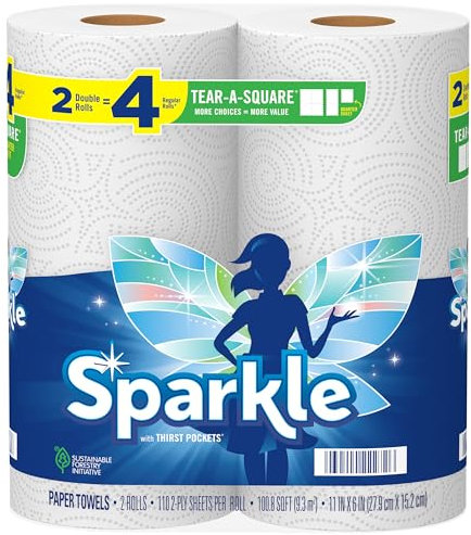 Sparkle Tear-A-Square Paper Towels, 2 Double Rolls = 4 Regular Rolls, Customizable Sheet Size Paper Towel