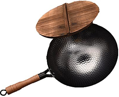 TSTSM Chinesischer Handgemachter Großer Wok, Gusseisen-Bratpfanne Mit Deckel, Unbeschichtete Runde Wok-Induktions-Wok-Pfanne, Verdickungstopf, Antihaft-Induktionskochfeld Gasherd Universal-30cm