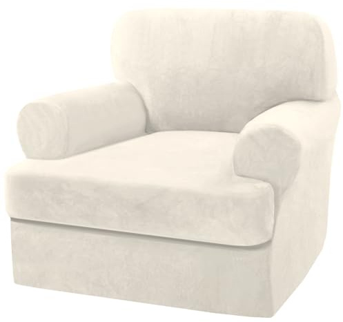 H.VERSAILTEX Sofa Cover 2 Piece T Cushion Armchair Slipcovers Thick Velvet Couch Cover Furniture Protector Stretch T Cushion Sofa Covers for 1 Cushion Couch with 1 Individual T Cushion Covers, Ivory