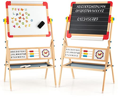 DREAMADE doppelseitige Kinder Staffelei aus Holz, Kinderstaffelei Kindertafel mit Papierrolle Whiteboard und Kreidetafel, inkl. Alphabet Marker Kreide Radiergummi
