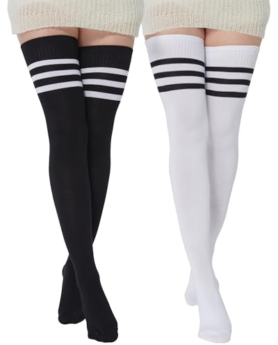 BABAHU Extra lange Overknee-Socken für Damen, Baumwolle, gestreift, A-Z, Schwarz und Weiß, 02, Einheitsgröße