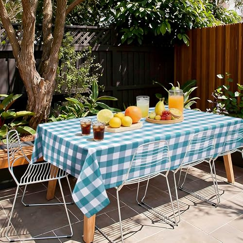Hiasan Karierte Tischdecke Outdoor wetterfest aus Polyester, abwaschbar schmutzabweisend wasserabweisend knitterfrei Tischtuch für bierzeltgarnitur Esszimmer Party Garten, 130x160cm Türkis und Weiß