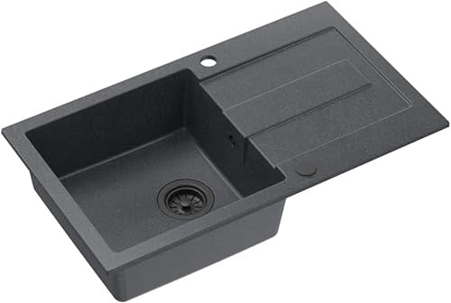 QUADRON Spülbecken Spüle Schwarz | Größe 78 x 45 x 18,5 cm | Granit Granitspüle CHRISTIAN 111 Einzelbecken Küchenspüle | mit manuellem Siphon und Abtropffläche | 1 Becken Einbauspüle