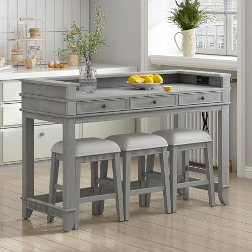 4-piece Dining Bar Table Set with 3 Upholstered Stools, Rubber Wood Counter Height Multifunctional Dining Table with 3 Drawers and USB Port, Side Table with Footrest Pub Kitchen Set (Grey-N2)