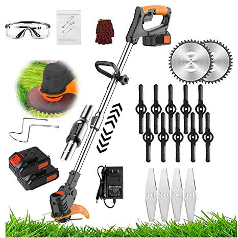 Tondeuse à gazon électrique puissante 24 V – Sans fil et alimentée par batterie – Idéale pour la tonte, l'élagage et le jardinage – Perche télescopique, tête réglable – Comprend 2 batteries et