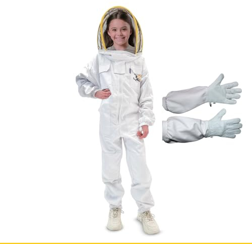 Best Bee Tuta da apicoltore per bambini (140 cm) in tessuto spesso e cotone di alta qualità, con cerniera robusta, guanti in pelle, tasche per abbigliamento anti-api, abbigliamento per apicoltura XXS