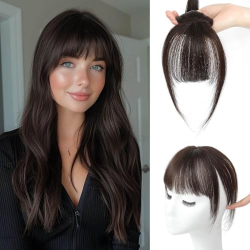 Fine Plus Hair Clip in Pony Echthaar - 360° Bang Extensions Mit Tempel Haarteile für Frauen - Natürliche Fringe Haarverlängerung - Dunkelbraun