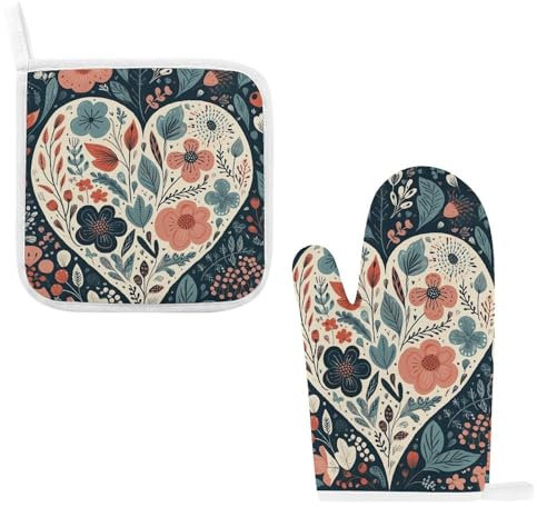 Set di 2 guanti da forno e presine a forma di cuore, resistenti al calore, guanti da cucina e cuscinetti caldi, antiscivolo, impermeabili, per cottura al forno, barbecue