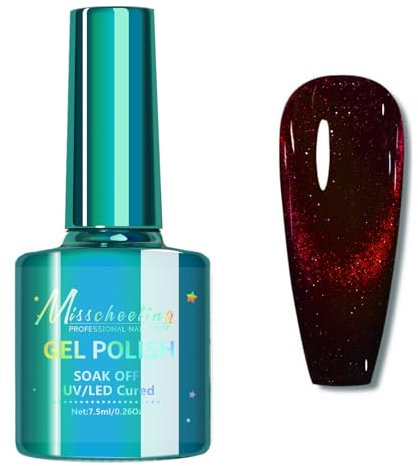 Cat Eye Gel Nail Polish - Glitter Nail Gel Polish - Diamond Dark Black Red Magnetic Nail Polish - Holographic Shimmer Sparkly Cateye Gel Polish Soak Off UV LED Home DIY Manicure