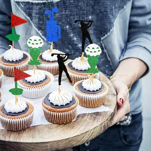 24Pcs Golf Cupcake Toppers Glitter Cupcake Picks for Golf Sports Player Theme Cupcake Decorations Man Boy Girl Birthday Party Supplies