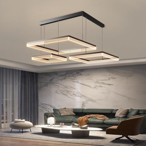 VTAMng Rechteckiger Kronleuchter dimmbar große Pendelleuchte fürs Wohnzimmer höhenverstellbar dekorative Beleuchtung Aluminium Hängelampe geeignet für Kücheninsel Restaurant Hotel Café(80cm+60cm+40cm)