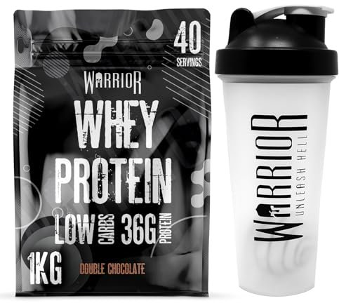 Warrior Whey Protein Powder | High Protein Shake up to 36g for Muscle Growth, Recovery & Lean Muscle | Low Carb, Low Fat, Low Sugar | Gym & Fitness Protein Supplement |Double Chocolate 1kg + Shaker