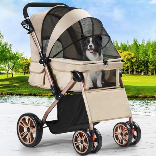 YITAHOME Cochecito para mascotas con mango reversible, cochecito plegable para perros pequeños, ventanas de malla, portavasos, ruedas de EVA giratorias de 360° con frenos (caqui)