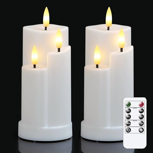 Wroxipel 2er Pack flammenlose Weiß LED-Kerzen mit 3 Dochten aus Kunststoff und Fernbedienung, 7,5cm x15cm Batteriebetriebene Kerzen mit flackernder Timerfunktion
