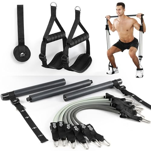 ALongSong Barra di Elastici Fitness con 6 Elastico Fitness 30/40/50LBS e Video di Esercizi, Pilates Essential Kit per Allenamento, Fasce di Esistenza Regolabili per Home Gym, Yoga, Allenamento