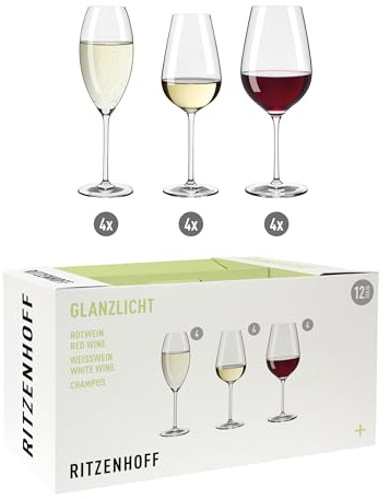 RITZENHOFF 6291001 Lot de 12 flûtes à vin et à champagne – 4 verres à vin rouge brillant 600 ml, 4 verres à vin blanc, 4 flûtes à champagne de 300 ml – Moderne – Fabriqué en Allemagne