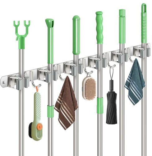 Sampoes Besenhalterung Wand, Besenhalter Edelstahl mit 6 Halter und 5 Haken, Gartengerätehalter Wandhalterung Besen Aufhängung, Besen Mop Halter für Badezimmer, Küche, Garage, Garten, Silber