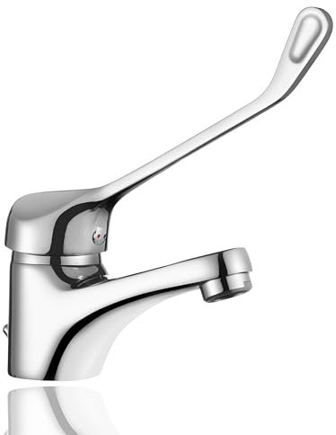 HOMSSY Rubinetto gerontologico medical per lavabo – miscelatore monocomando con leva clinica a gomito lunga, design ergonomico, cartuccia ceramica, ottone cromato
