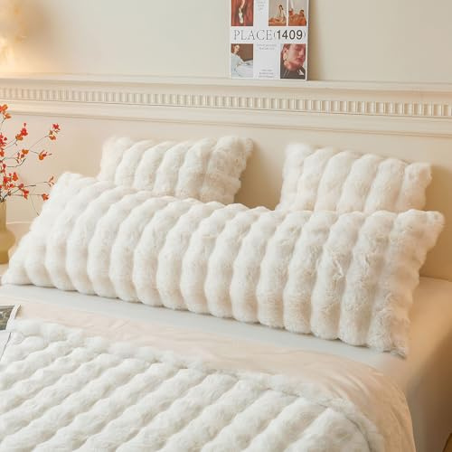 LIFEREVO Fluffy Faux Rabbit Fur Body Pillow Cover, Luxury Ivory Bubble Shaggy Plush Bed Body Pillowcase with Zipper Closure, Long 20x54 Fuzzy Furry Pillow Case for Adults Kids Girls Teens, Beige