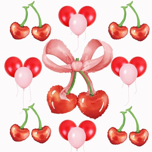Juego de globos gigantes con lazo de cerezo con deliciosos globos de cerezo y globos de látex rojo/rosa, perfecto para fiestas de cumpleaños, baby showers, despedidas de soltera, celebraciones de