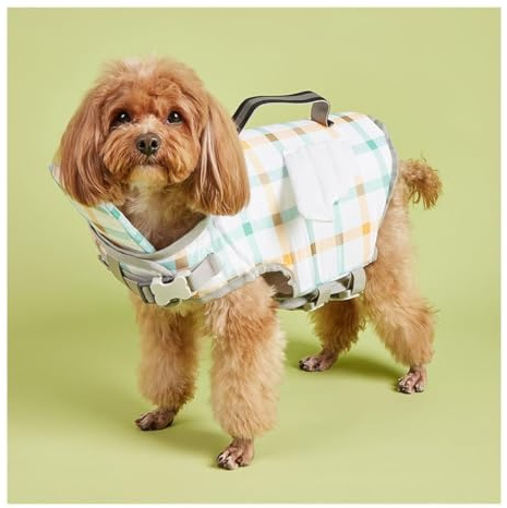 Flytväst for hund Justerbar flytväst for hund, flytväst, kappa for husdjurslivskydd med handtag for simning, surfing, båtliv for liten hund Valp Stor hund (XL, gult bi)(White Plaid,XL)