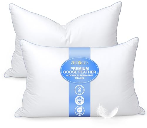 zibroges Goose Feather Pillow King Size Pack of 2 - Down Hotel Bed Pillows for Sleeping, Soft 600 Thread Count Cotton Cover, Fluffy Support Surround Fill Polyester for Back, Stomach, Side Sleepers