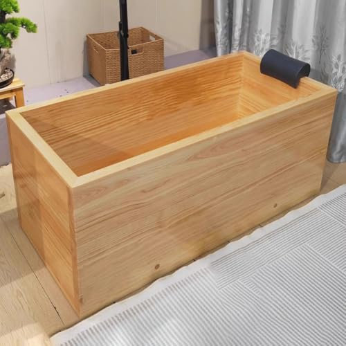 TT-YEC Freistehende Handgefertigte Badewanne Aus Massivholz, Badewanne Für Erwachsene Mit Holzhocker, Mit Kopfstütze Und Ablassventil, Ganzkörperbadewanne Für Zuhause,L120cm