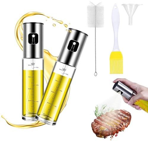 Wangzhenxi 2x100ml Lebensmittelechter Ölsprüher mit Skala & Trichter – Profi-Ölspray für Heißluftfritteuse, Grillen & Backen | Sprühflasche für Olivenöl, Salate und Braten (2 Stück)
