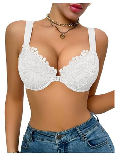 GORGLITTER Women's Push Up Front Fastening Bras Underwire High Support Lace Bras Everyday Bra White 38D