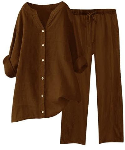 Ensemble de Lin d'Été Salopette Femmes Large D'Été Grande Taille Combinaisons de Gymnastique Décontracté Coton et Lin Élégant Chemise et Pantalon Confortable Jogging Respirant Ensemble Deux Pièces