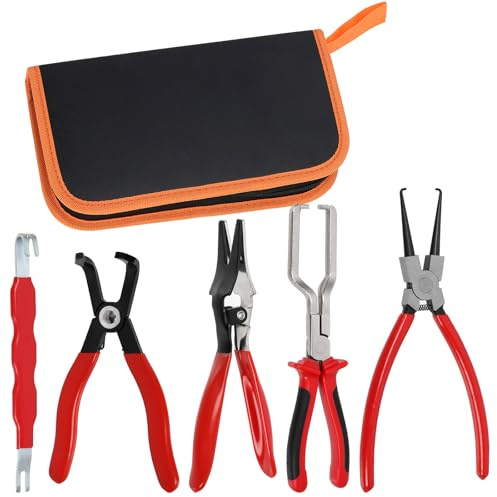Mardatt 5Pcs Fuel Line Pliers Kit, Hose Removal Pliers, 9 Fuel Filter Caliper, 80° Disconnect Plier, Hose Pipe Clamp Clip, Electrical Connector Separator for Auto Maintenance with Storage Case
