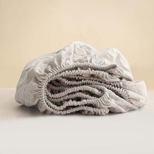 FALUCA 100% Linen Fitted Sheet - Organic Deep Pocket Bed Sheets for 16 Mattress, Natural French Flax Stone Washed Farmhouse Soft Breathable Bottom Sheets (Queen, Linen)