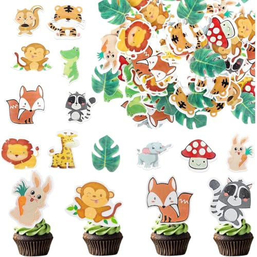 GGUFAY 60 Stück Essbare Tortendeko Deko Geburtstag,Esspapier Muffin Deko Essbar, Cupcake Topper,Tortenaufleger Geburtstagsdeko, Kuchen Deko Essbar Kindergeburtstag(Waldtiere)