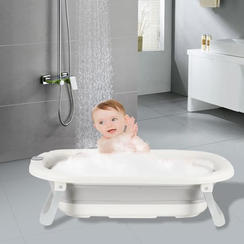 Faltbare Babybadewanne, Thermalbad für Babys, faltbare Babybadewanne, Kinderbadewanne geeignet für Neugeborene bis Kleinkinder, Badewanne mit Ablage, 43 x 71 x 18,5 cm, grau