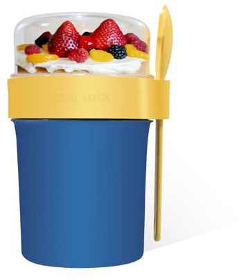Symagalbst Müslibecher to Go 560 ml + 230 ml, Müsli to Go Becher mit Löffel, Soßenbox, Auslaufsicher Joghurtbecher to Go für Kinder & Erwachsene,BPA-frei (blau)