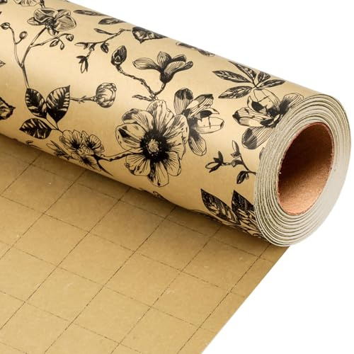 Wikadlik Blumen Kraft Geschenkpapier, 43 cm x 10 m, elegantes Geschenkpapier mit schwarzer Rosenblüte, für Geburtstag, Babyparty, Muttertag, Hochzeit, Valentinstag