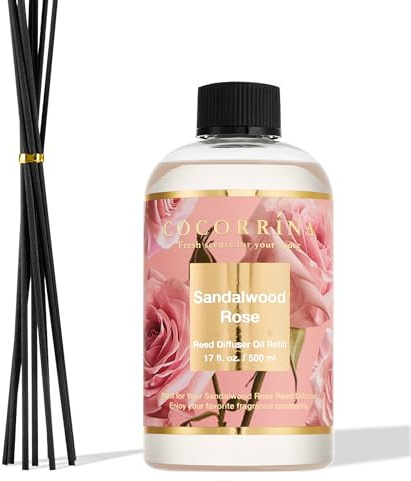 COCORRÍNA Raumduft Nachfüller 500ml mit 8 Duftstäbchen, Sandalwood Rose, Langanhaltender Duft mit natürlichen ätherischen Ölen, für Wohnzimmer, Schlafzimmer und Badezimmer