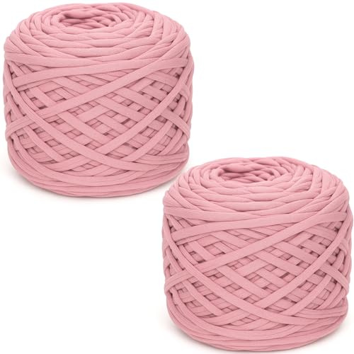 Lighterday Tshirt Garn,285 g x 2 Grobes T-shirt Wolle Elastisches Stoffgewebe Häkelgarn,Häkelwolle Textilgarn Zum Häkeln für Gehäkelte Körbe,Decke Chunky Yarn für Anfänger(Schmutzrosa)