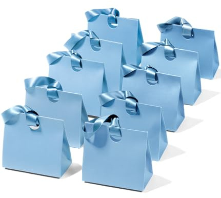 Vitalizart Kleine Hellblau Geschenktüten 20 cm × 9 cm × 18 cm Mit Bandgriffen, Set Aus 10 Wiederverwendbaren Papier-Tüten Für Geburtstage, Baby-Shower, Partys, Hochzeiten, Taufen Und Weihnachten