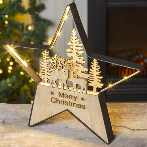 Bambelaa! LED Weihnachtsstern Holz Metall Merry Christmas Deko Stern warmweiße Lichter batteriebetrieben Winterdeko Tischdeko Weihnachtsbeleuchtung ca. 25 x 2 x 23,5cm