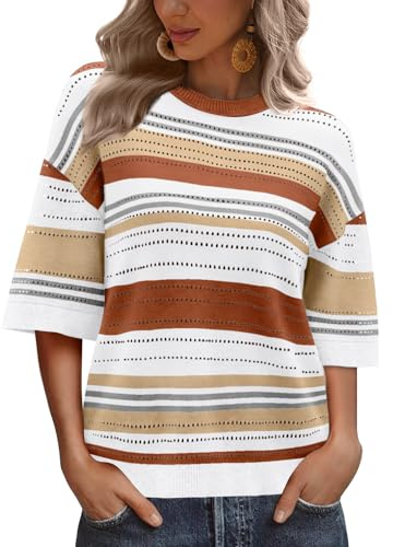 XIEERDUO Womens Tops Summer Short Sleeve Jumpers Colour Block Striped Shirts Fashion