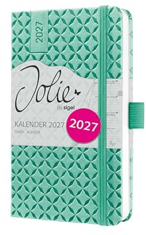 SIGEL Jolie Wochenkalender 2027 A6 mintgrün Hardcover Terminplaner | 7J126, Mit Gummiband, Stiftschlaufe, Einstecktasche, 174 Seiten, vegan, Buchkalender, Taschenkalender