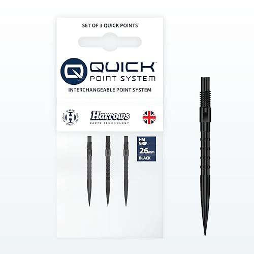 Harrows HM Grip Heavy Metal Quick Points – Pointes de fléchettes inspirées de Ryan Searle avec anneaux de préhension carrés – Système de pointe rapide anti-rupture pour échanges rapides de points – 26